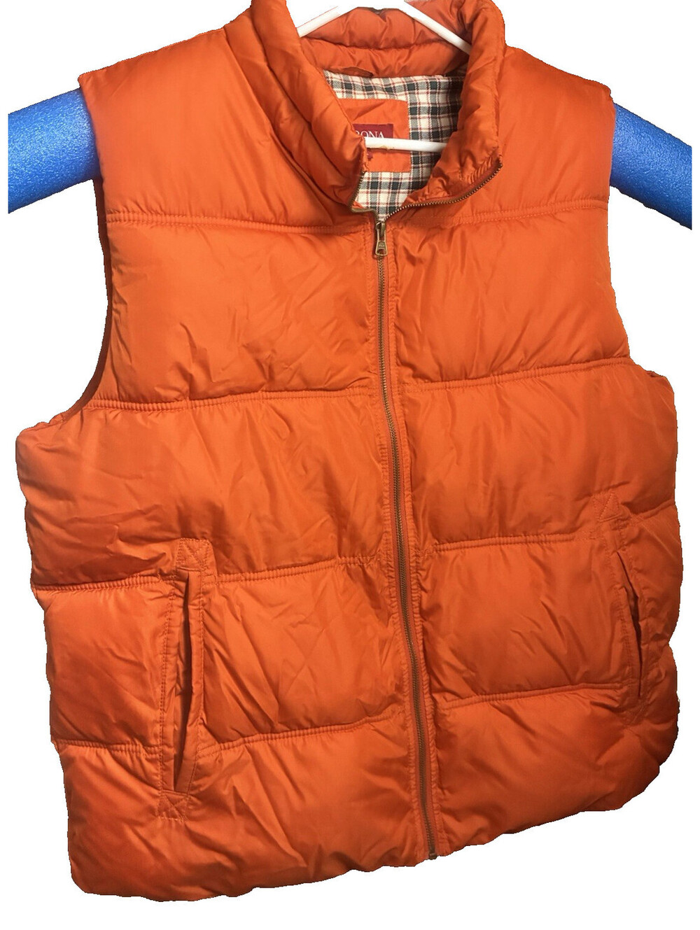 Merona Men's Puffer Jacket High Visibilty Hunter OrangePlaid Decorativ Lining XL